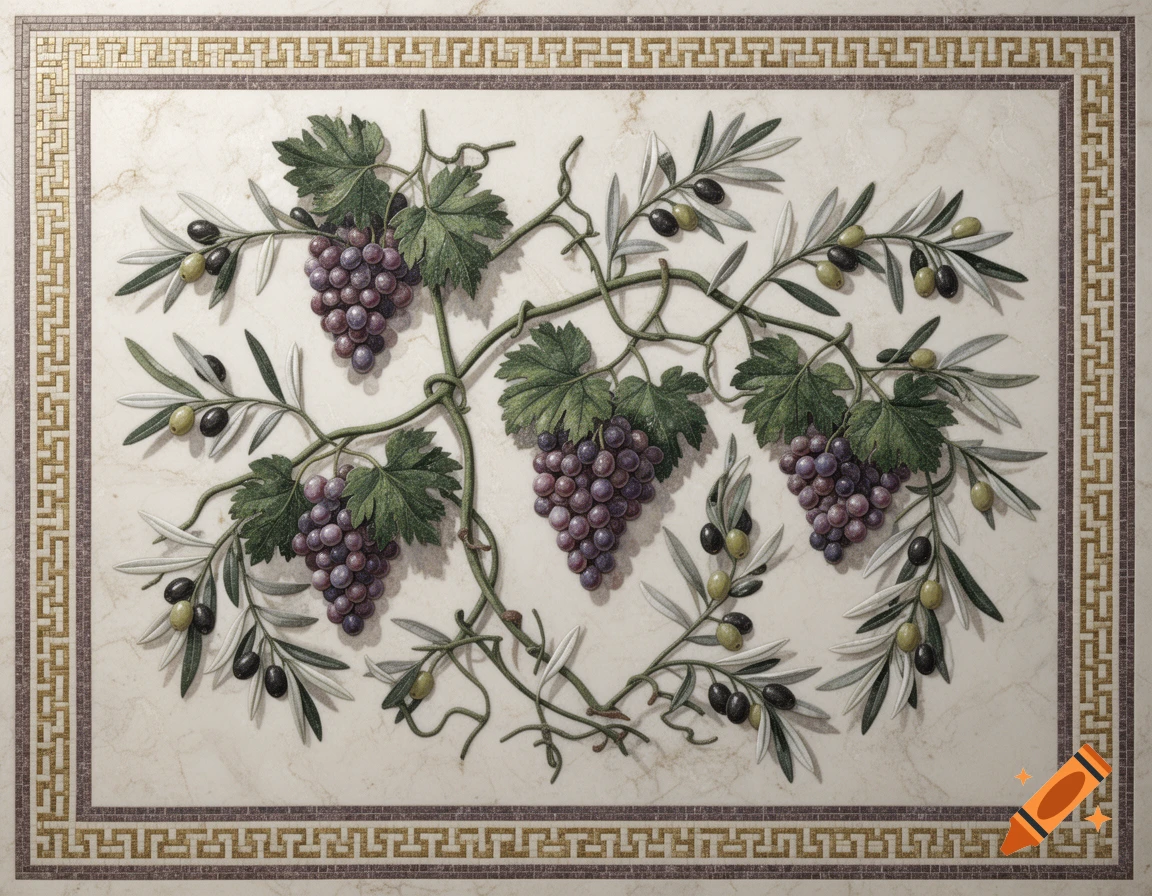 A marble mosaic depicting grape branches with purple grapes and olive branches with black and green olives, bordered by a Greek key pattern.