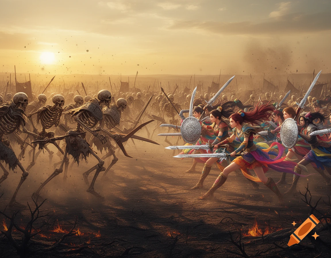 Warrior girls with colorful flowing attire and shields charge into battle against an army of skeletons on a dusty field at sunset, in a dramatic fantasy illustration.