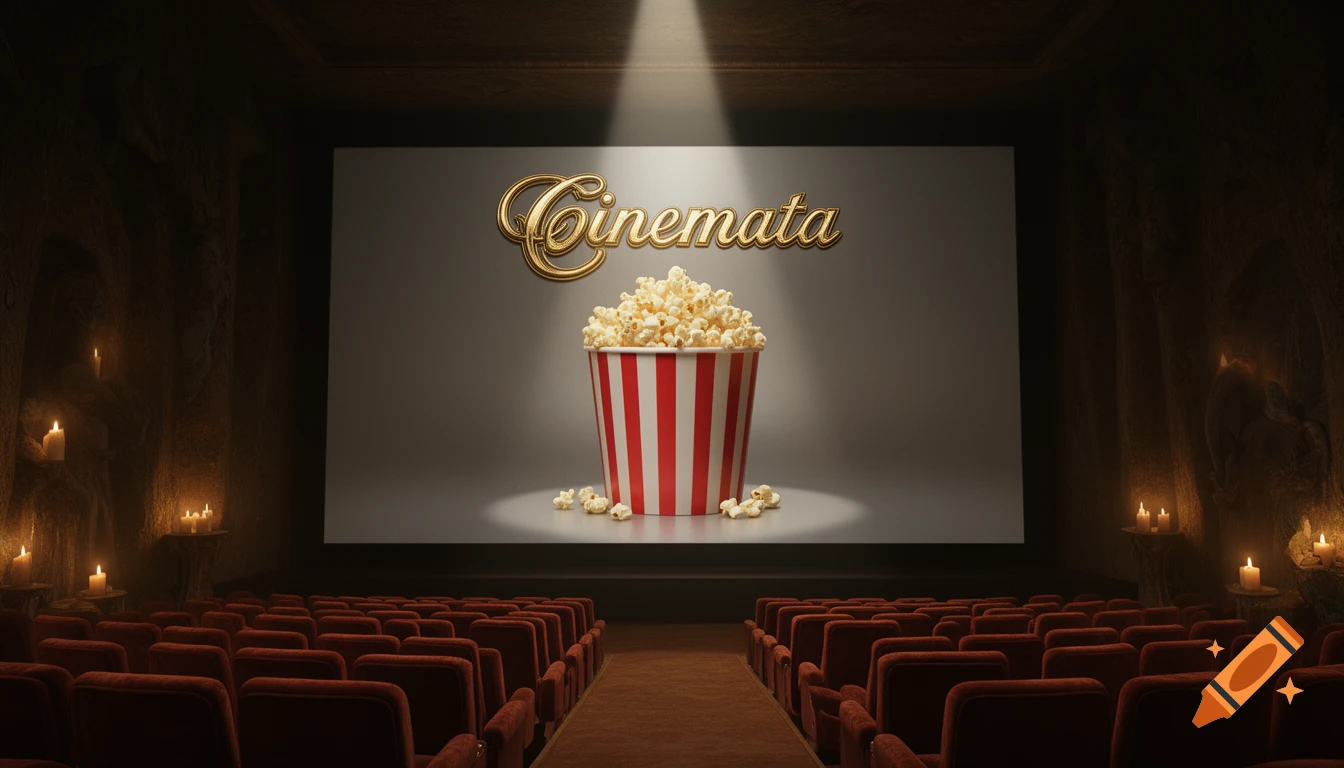 An empty, candle-lit cinema hall with red seats, featuring a large screen displaying popcorn and the golden word 'Cinemata'.