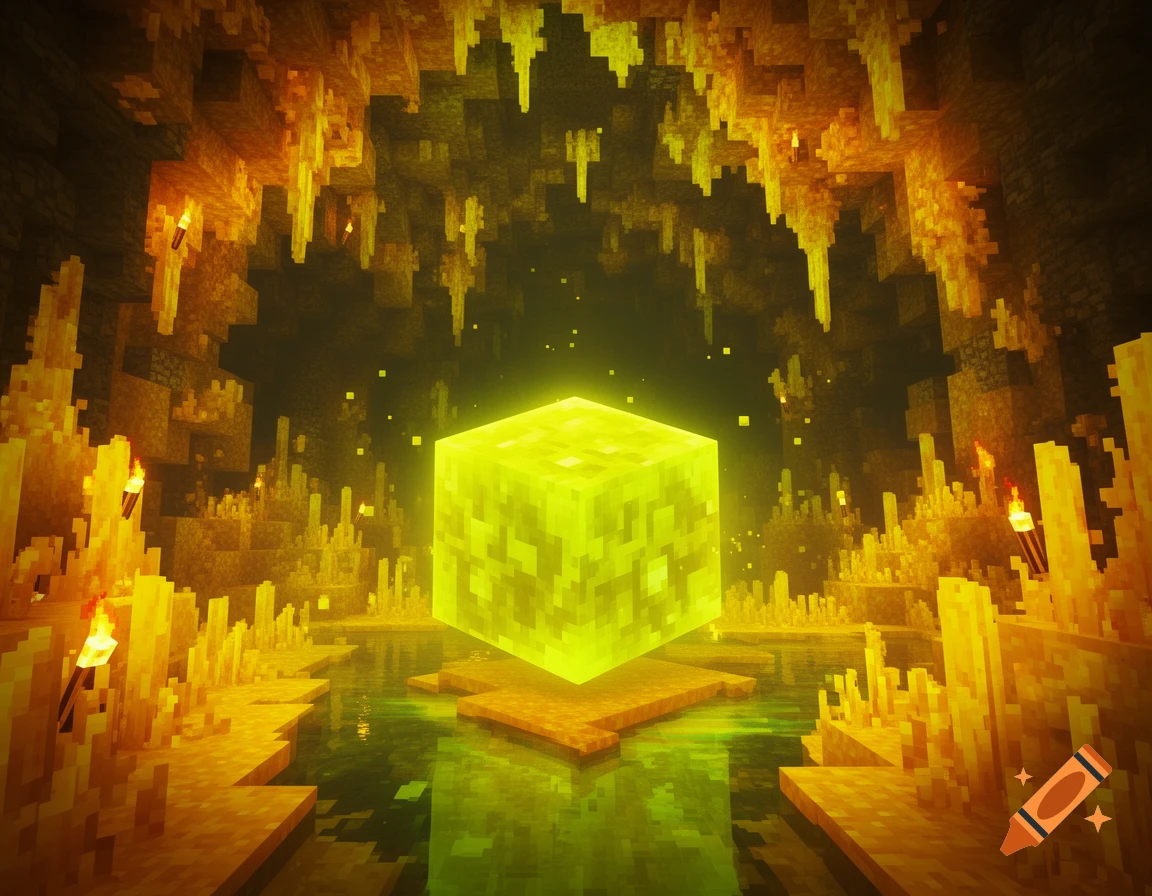 A glowing yellow cube floats above a pool of water in a torchlit, blocky sulfur cave, with yellow stalactites and formations.