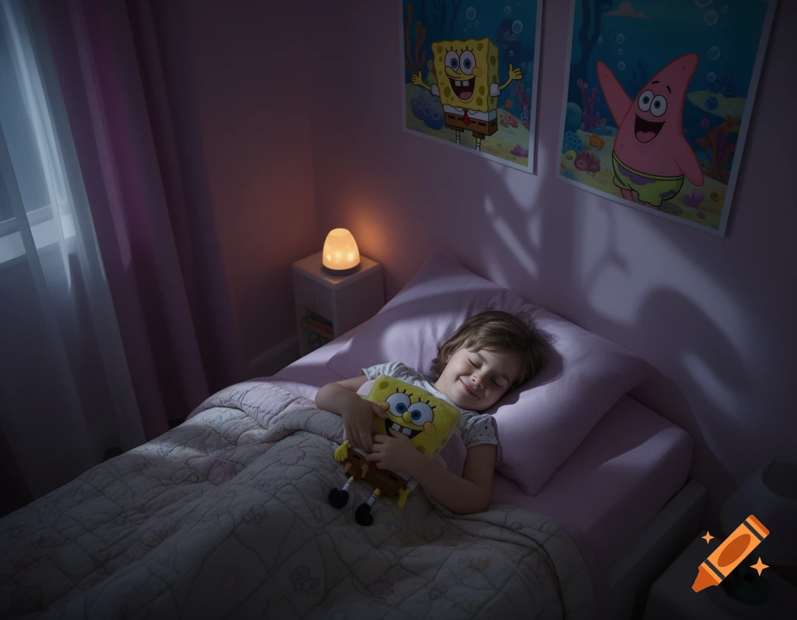 A child sleeps soundly in a dimly lit bedroom, hugging a Spongebob plushie, with Spongebob and Patrick posters on the pink wall.