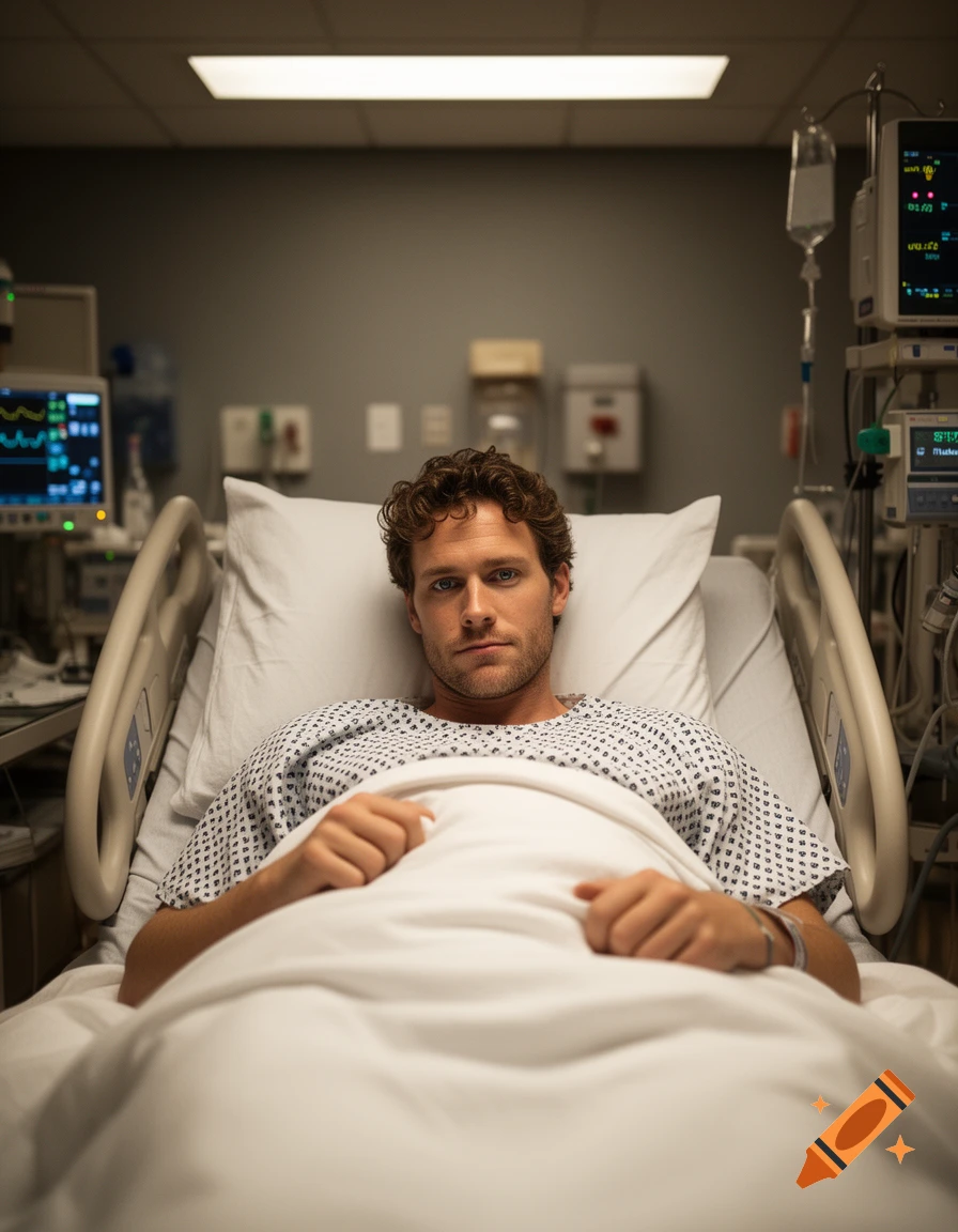A man with curly brown hair lies in a hospital bed, wearing a gown, with medical equipment in the background.