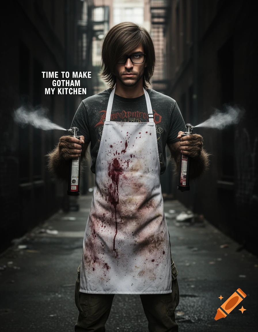 Man with long hair and glasses in a blood-stained apron and furry arms holds two sprayers in a dark alley. Text reads, 'TIME TO MAKE GOTHAM MY KITCHEN'.