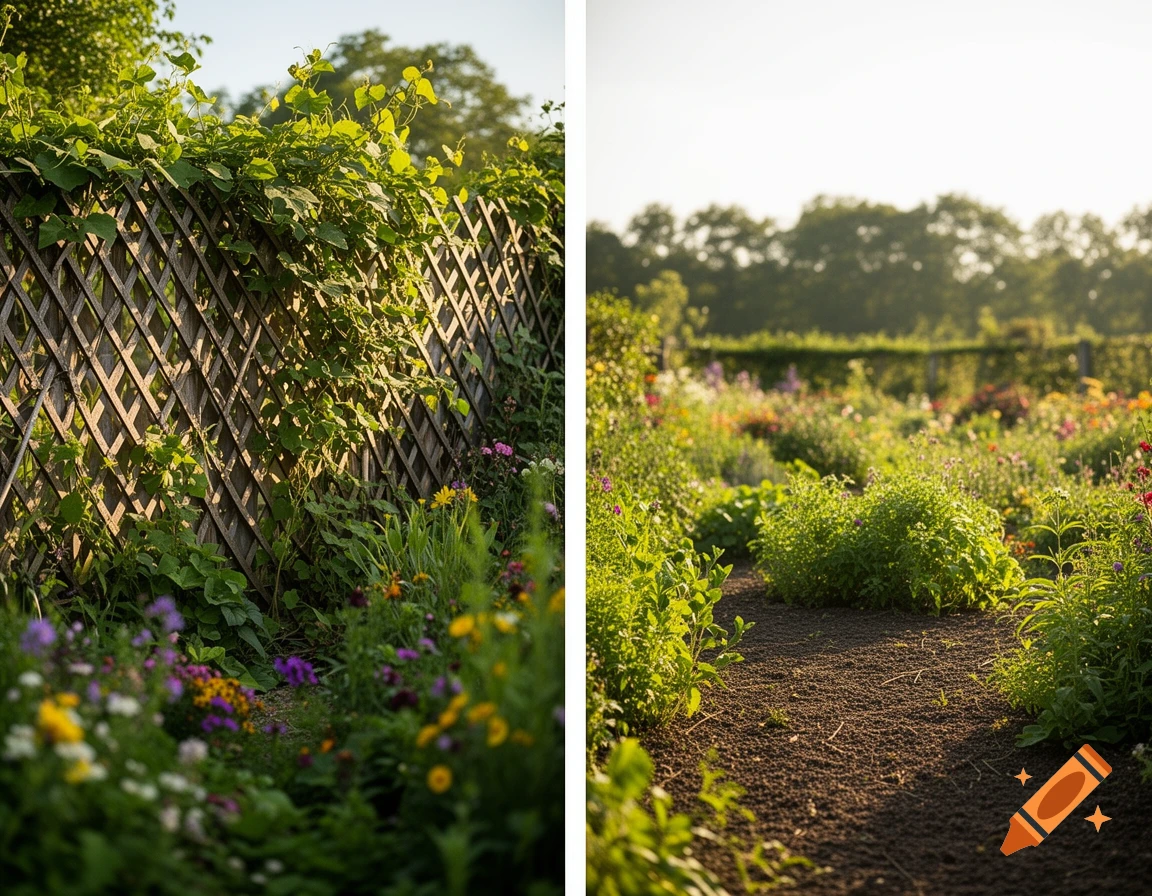 A split image showing a garden scene: on the left, a wooden lattice fence covered in green vines and flowers; on the right, a dirt path winding through a lush garden with various plants and colorful flowers under a bright sky.