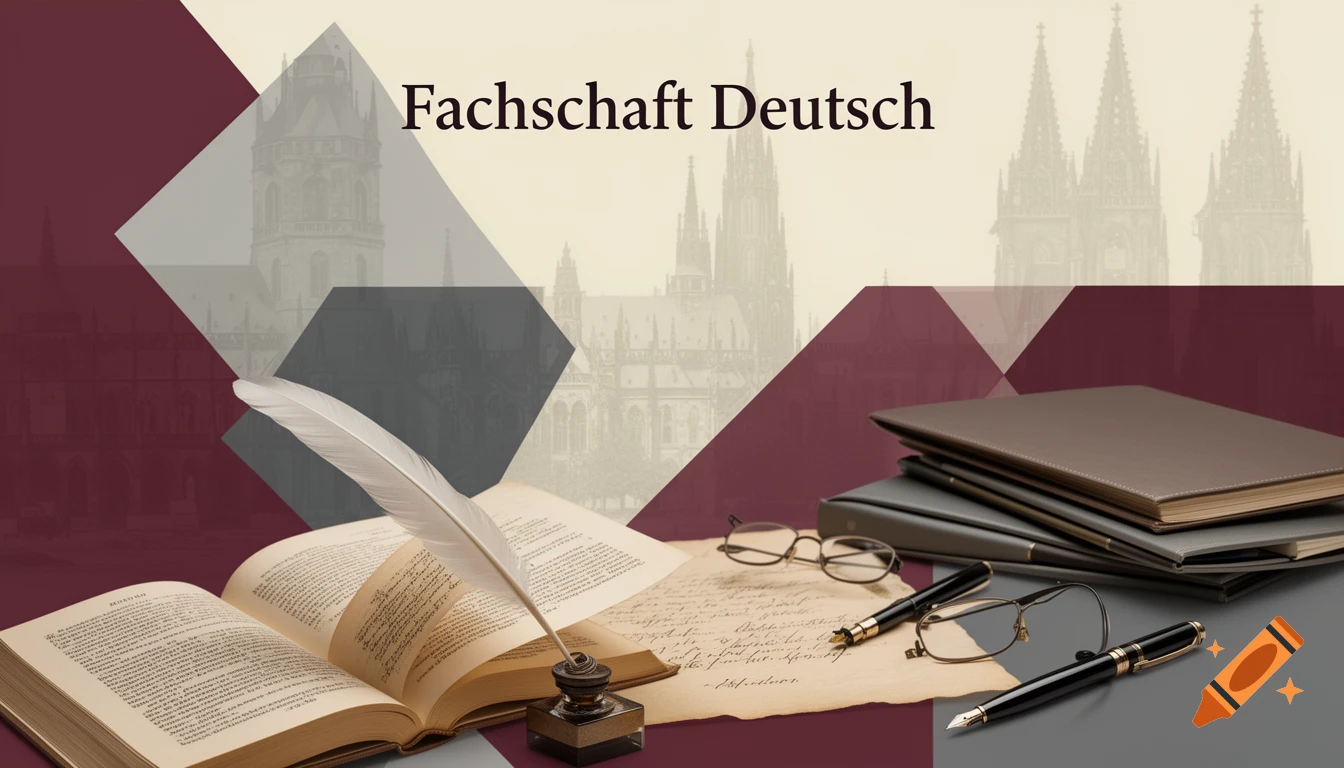 An open book with a quill, inkwell, pens, glasses, and notebooks on a desk, with "Fachschaft Deutsch" text over a blurred background of European gothic architecture.