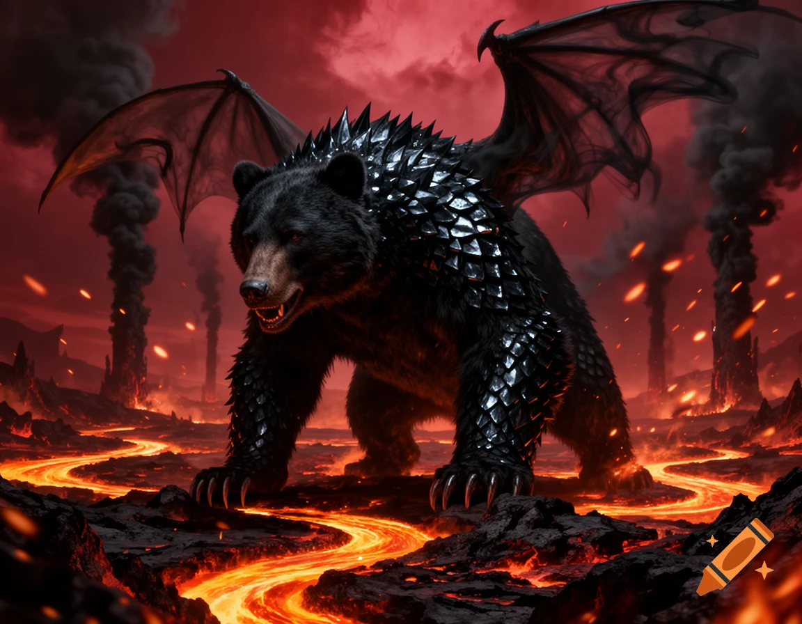 A fierce black bear-dragon hybrid with armored scales stands on a fiery volcanic landscape under a dramatic red sky, digital art.