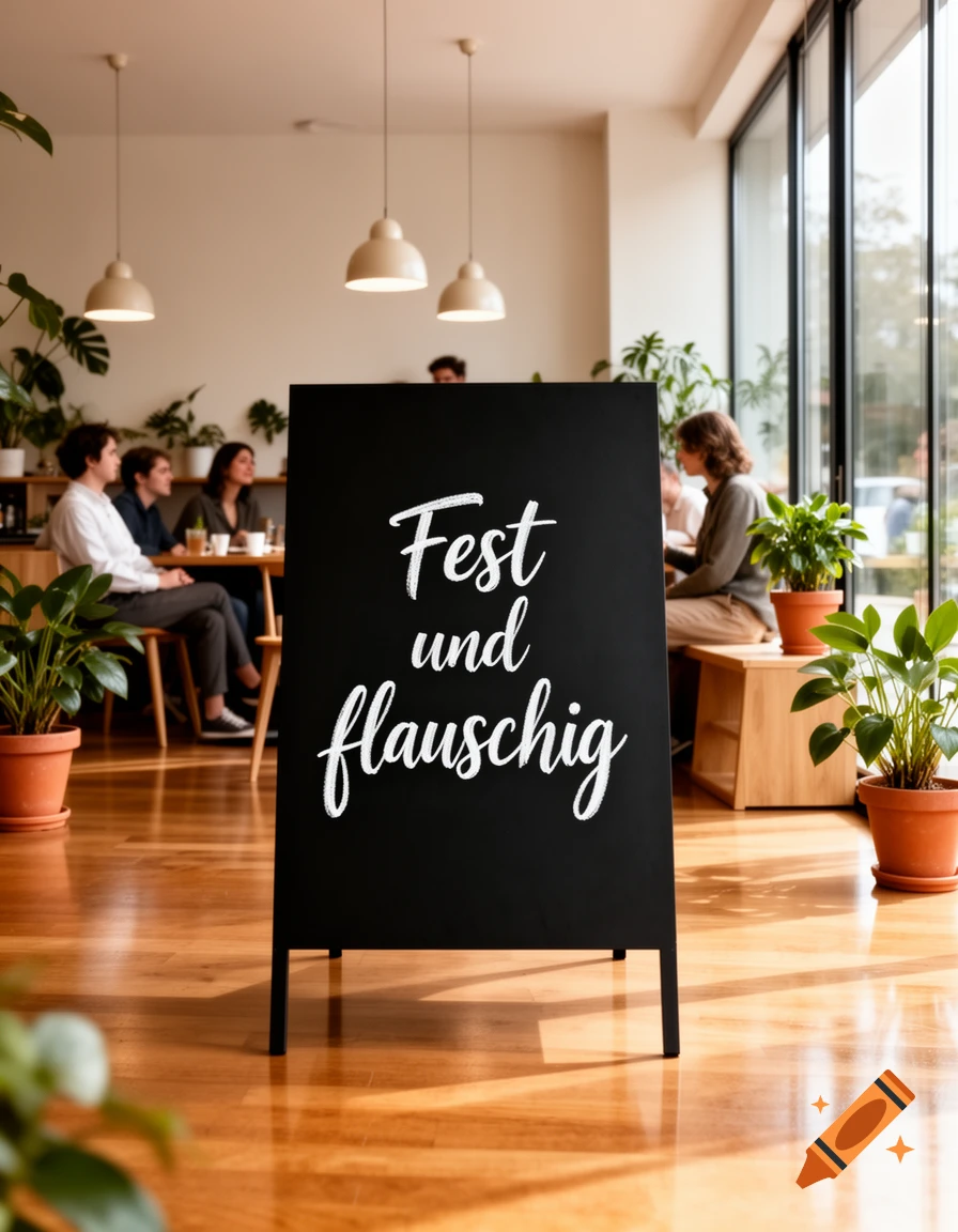 A-frame sign with 'Fest und flauschig' in a modern, plant-filled cafe with people in the background.