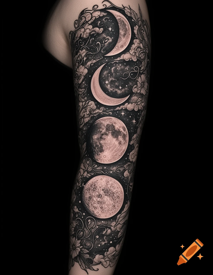 Detailed black and grey tattoo sleeve featuring four moon phases, stars, clouds, and intricate floral patterns.