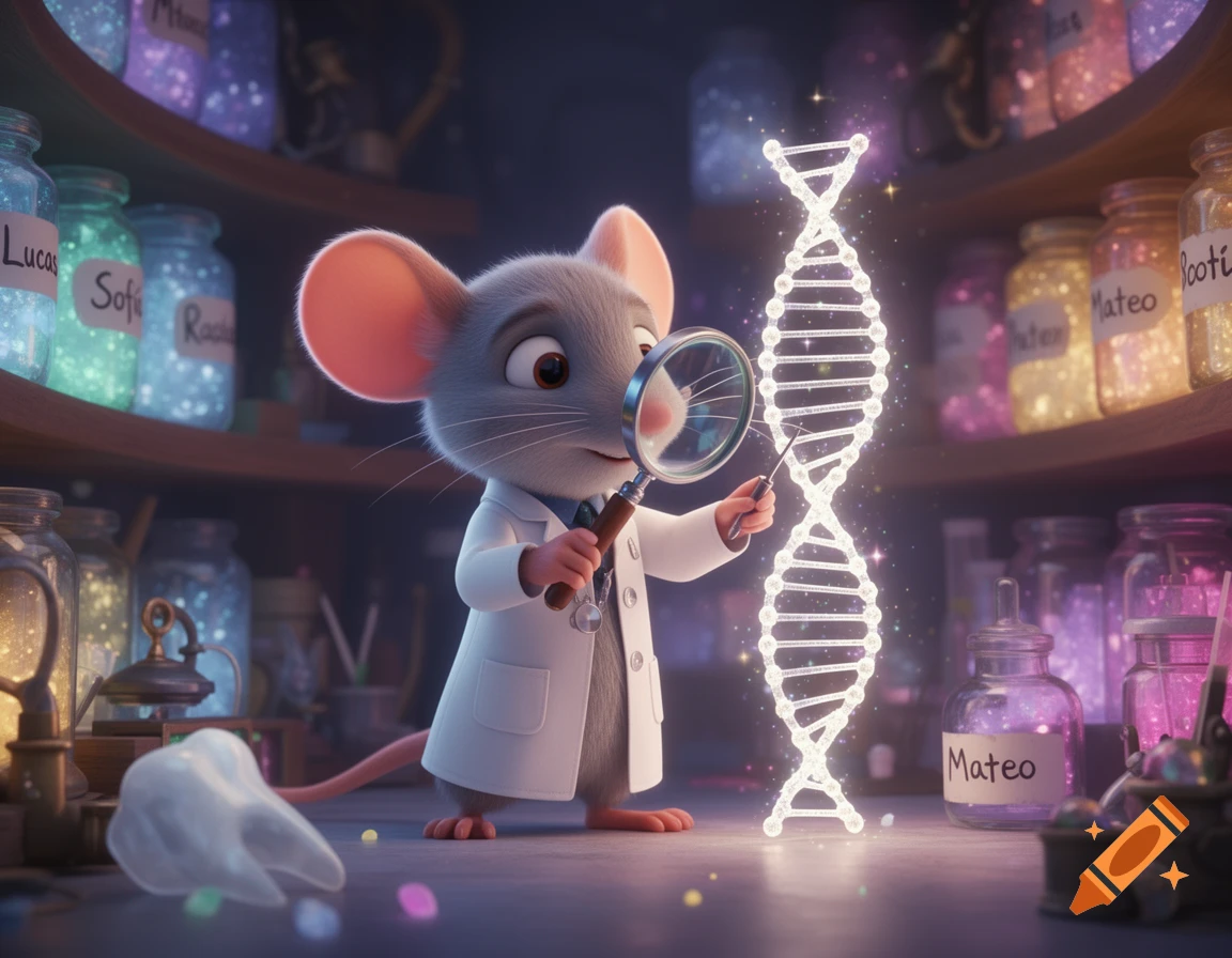 A cute 3D cartoon mouse in a lab coat with a stethoscope examines a glowing DNA helix with a magnifying glass in a magical lab filled with shimmering jars.