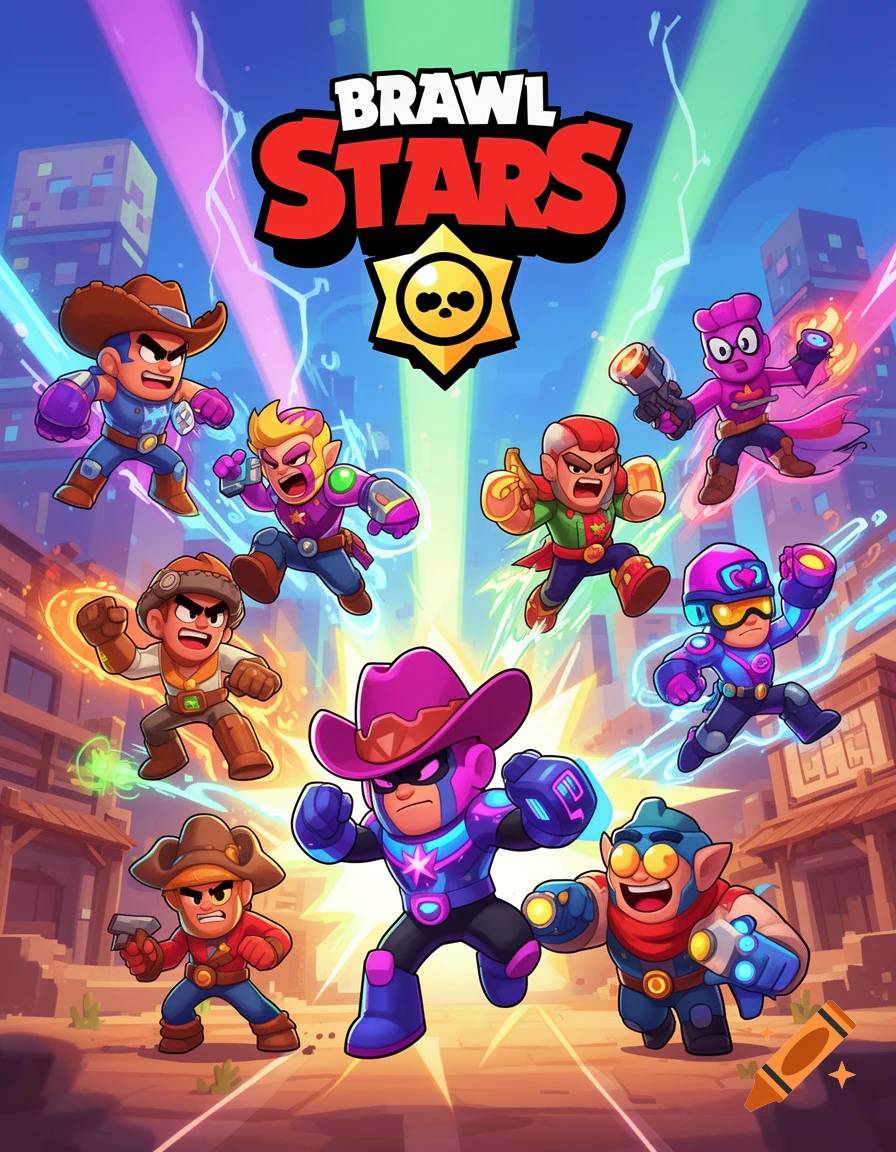 Colorful cartoon poster featuring multiple 'Brawl Stars' characters in dynamic action poses, with the game logo at the top.