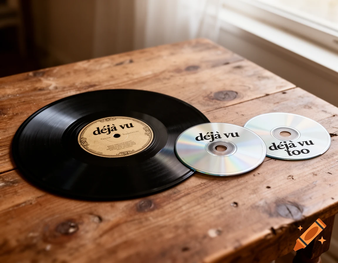 A vinyl record labeled "d ourja vu" next to two CDs, one labeled "d ourja vu" and the other "d ourja vu too", on a wooden table.