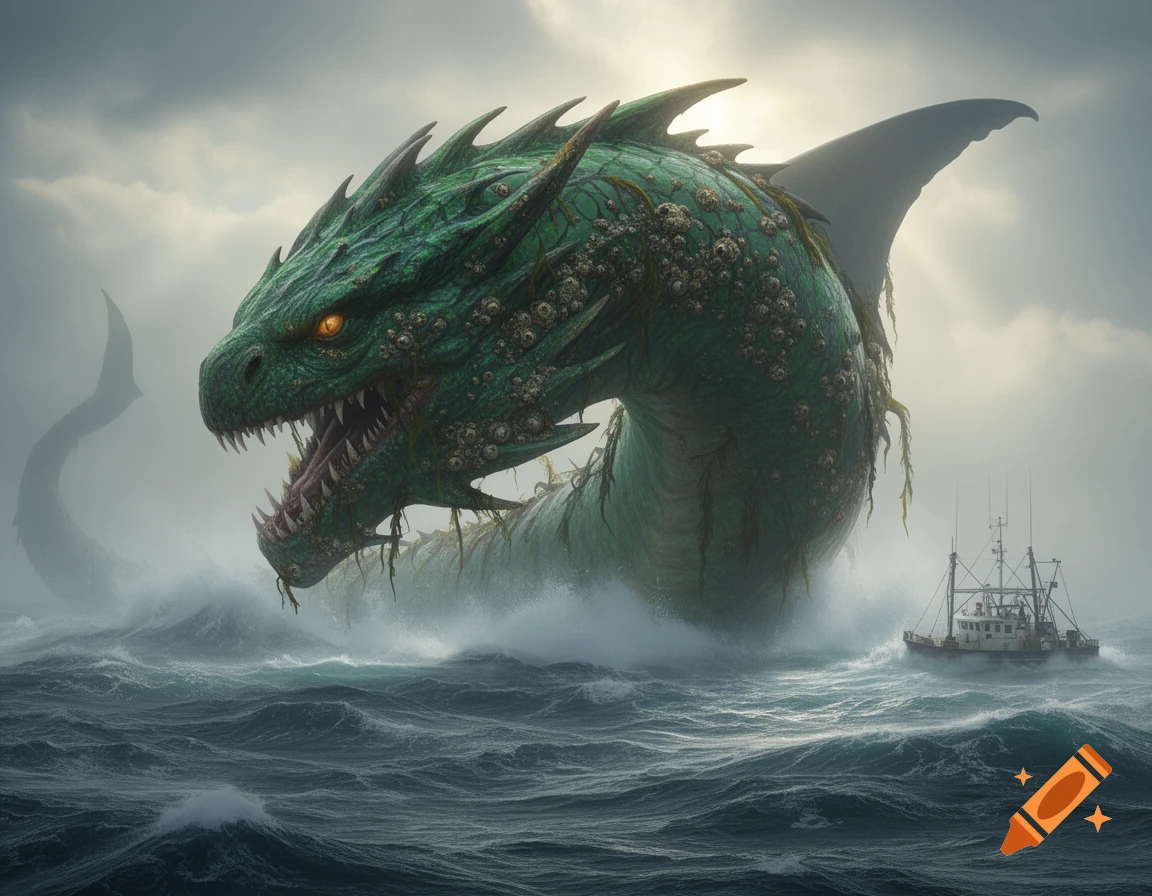 A massive green sea monster with glowing orange eyes and barnacles rises from stormy dark blue ocean water next to a small fishing boat under a cloudy sky.