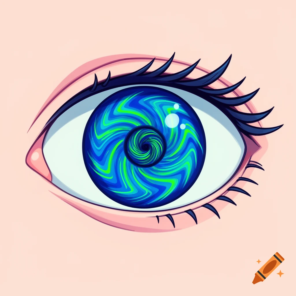 Closeup of a stylized cartoon human eye with a blue and green spiral pupil and black eyelashes.