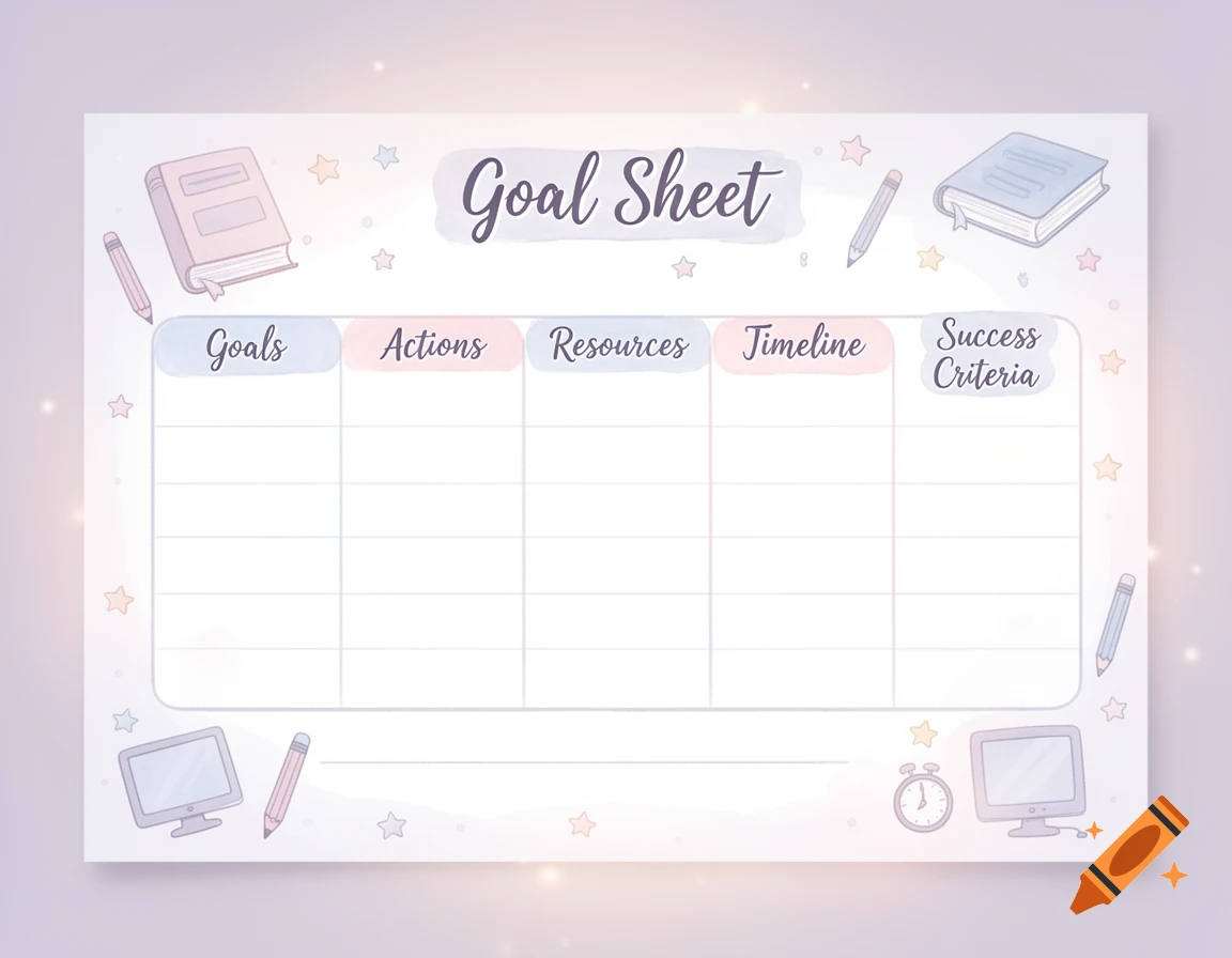 A pastel goal sheet template with columns for goals, actions, resources, timeline, and success criteria, surrounded by cute illustrations.