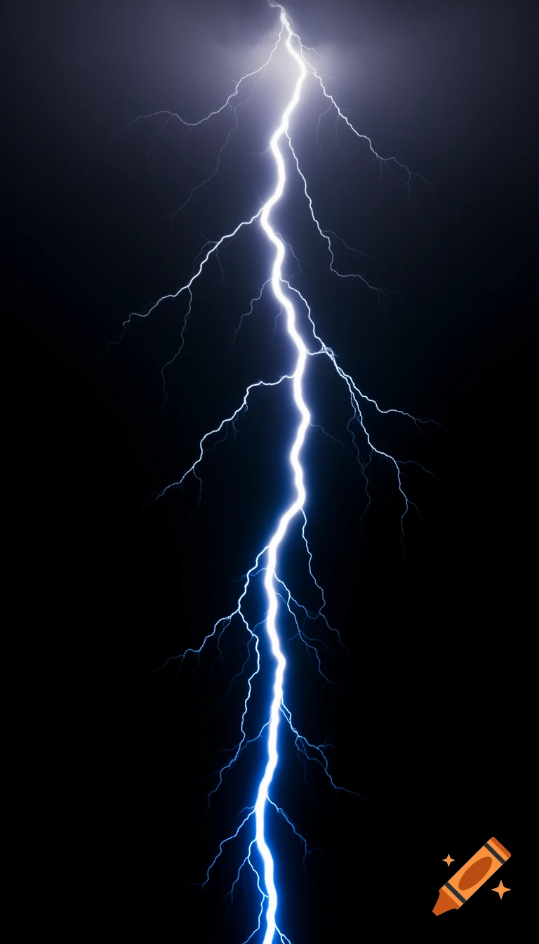 A vibrant white lightning bolt with blue borders strikes vertically against a dark black sky.