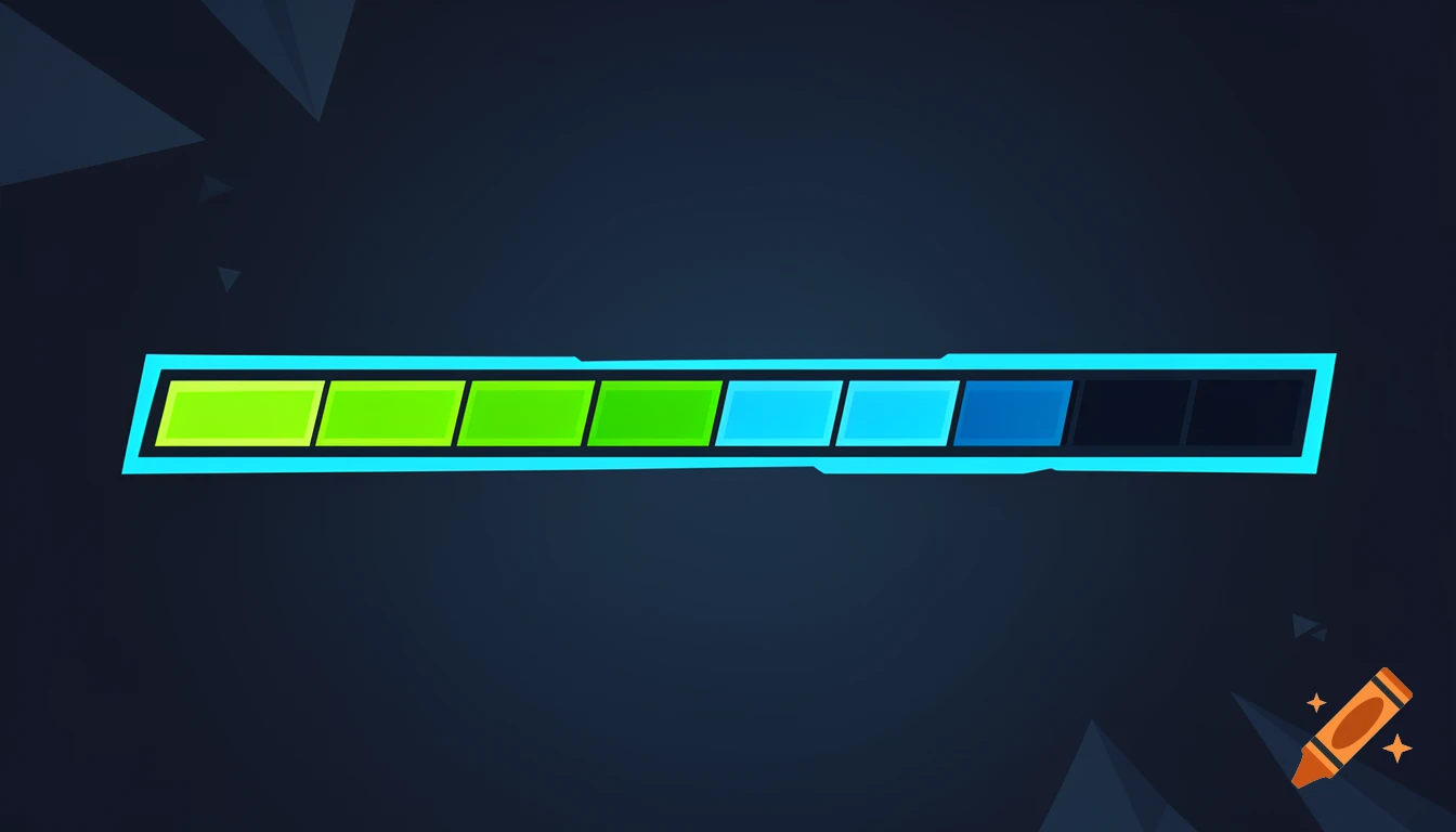 A vibrant video game style health bar with glowing green and blue segments against a dark, abstract background.