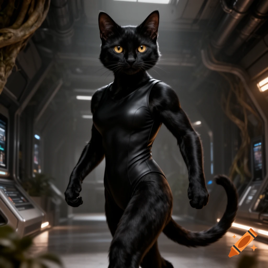 Photorealistic image of a muscular anthropomorphic black cat in a sleek black suit walking through a futuristic spaceship corridor.