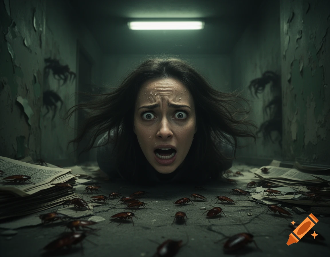 Terrified woman screaming on a dirty floor surrounded by cockroaches and shadowy figures in a dark, decaying hallway.