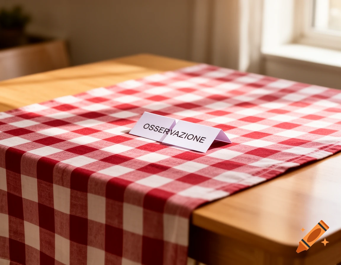 A realistic, close-up photo of a dining table with a red and white checkered tablecloth and a white label reading 'OSSERVAZIONE'.