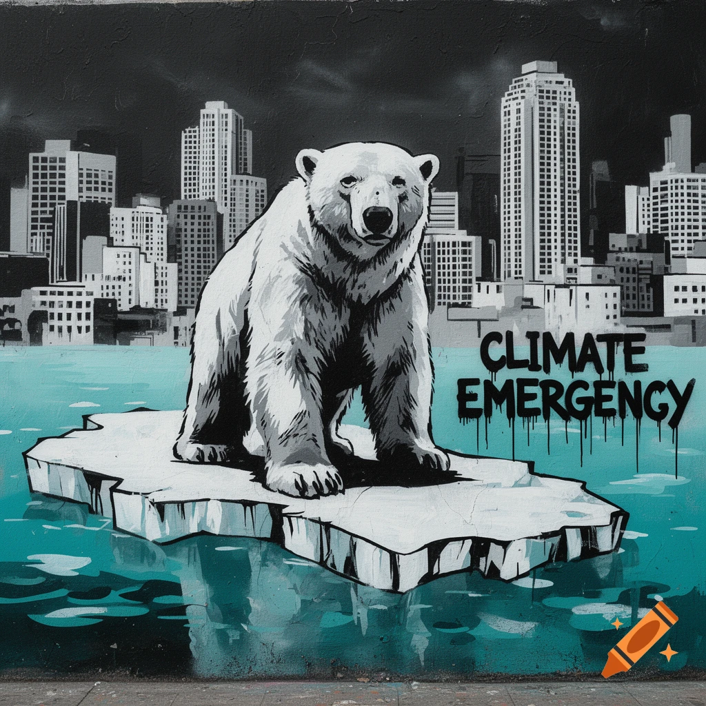 Graffiti art depicting a polar bear on a melting ice floe in front of a city skyline, with text 'CLIMATE EMERGENCY'.