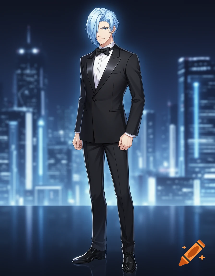 Anime-style male character with light blue hair and blue eyes, wearing a black tuxedo and bow tie, standing in front of a blurred futuristic city night background.