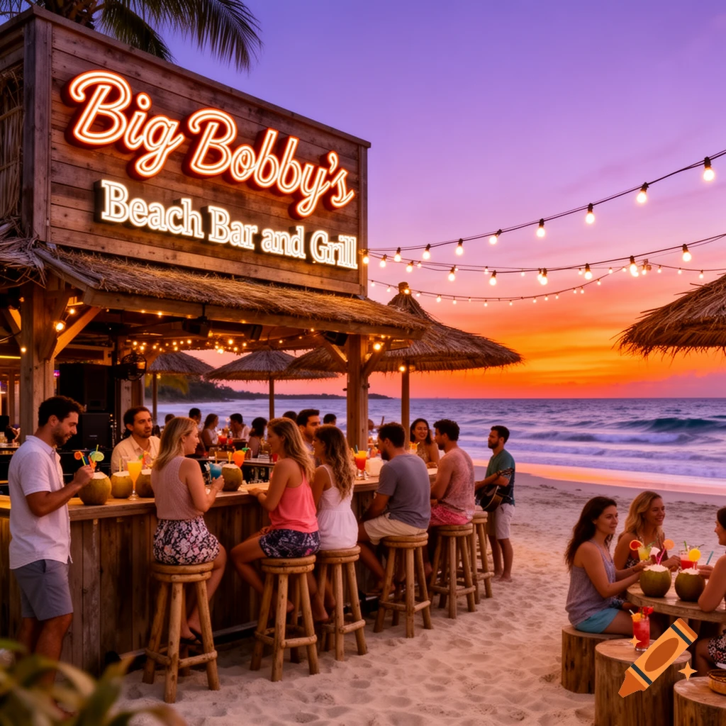 People gather at Big Bobby's beach bar enjoying drinks during a vibrant sunset over the ocean, photorealistic.