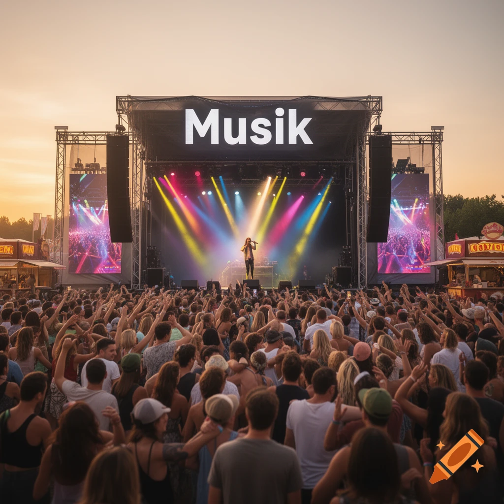 A large crowd attends an outdoor music concert with a performer on stage under colorful lights, and 'Musik' displayed on the screen.