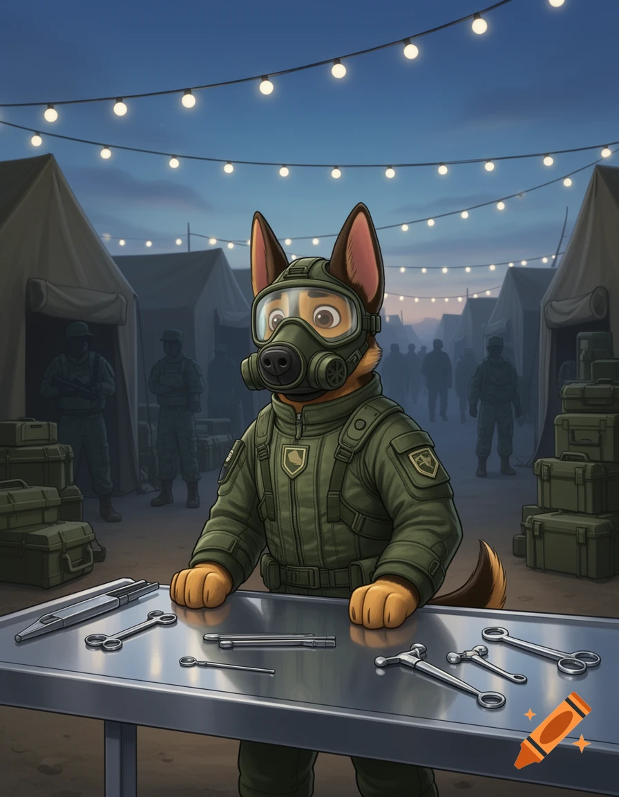 A cartoon German Shepherd in a green military CBRN suit and gas mask stands at a metal table with surgical instruments, in an army camp at night with tents and soldiers in the background.