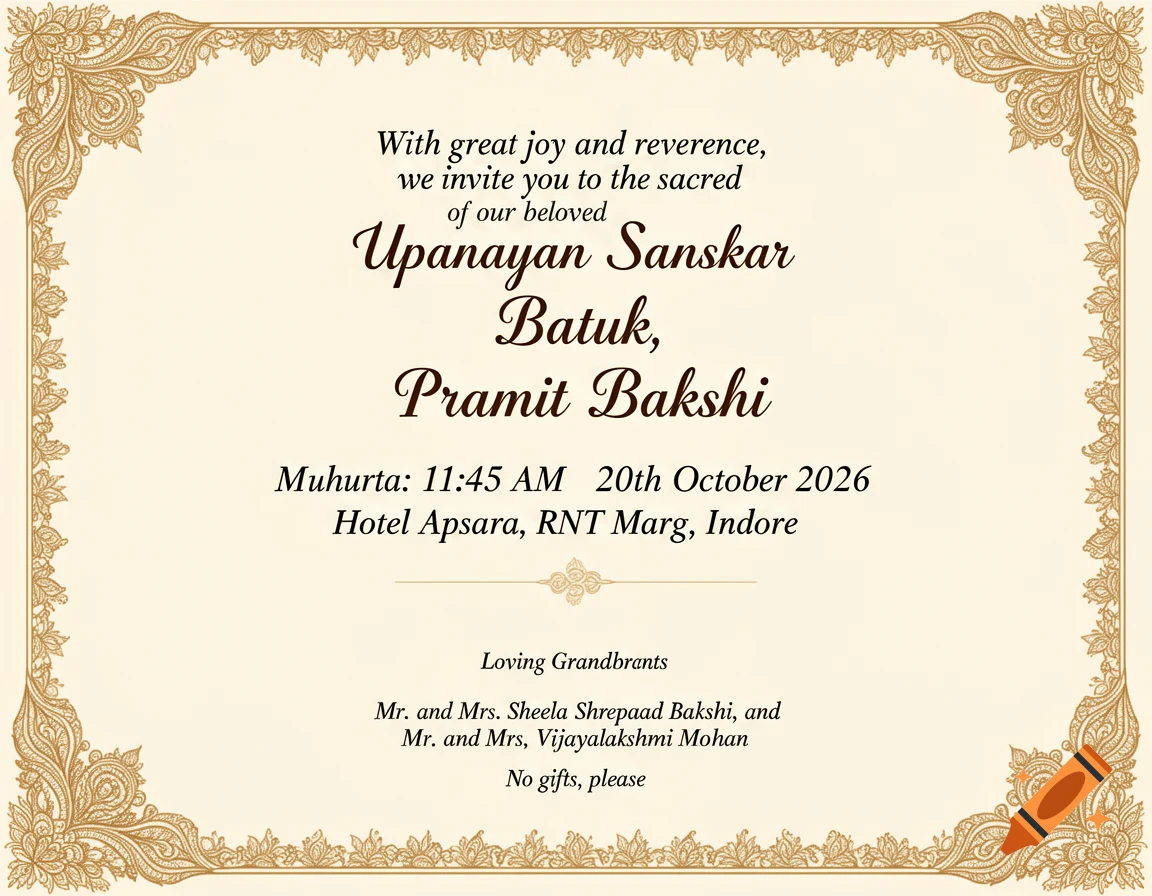 A formal cream-colored invitation card with elaborate golden borders. The text announces an Upanayan Sanskar event for Pramit Bakshi, with details on date, time, venue, and hosts.