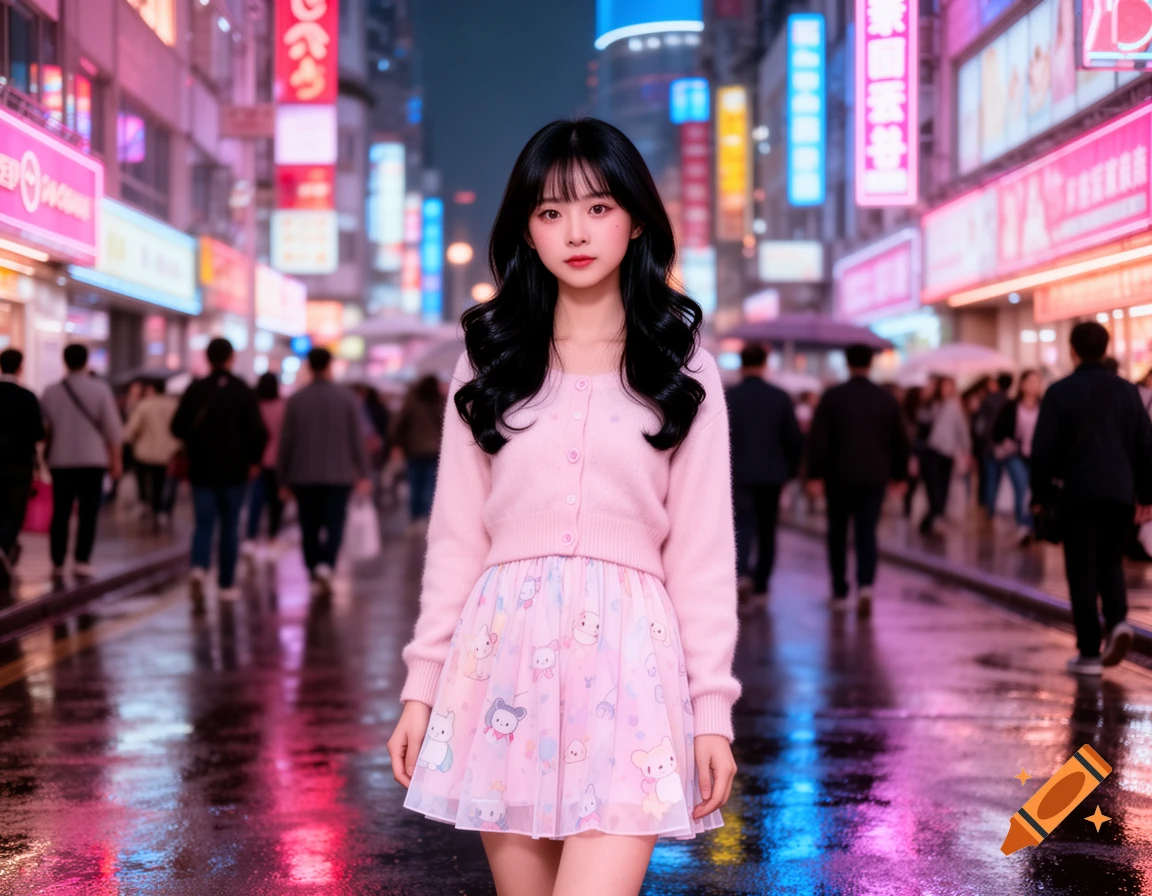 A photorealistic young woman with dark hair in a pink cardigan and patterned skirt stands on a wet, neon-lit city street at night.