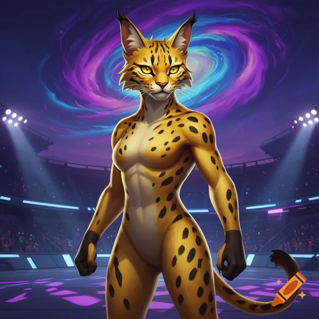 A muscular female anthropomorphic wildcat with yellow fur and black spots stands in a stadium under a swirling galaxy sky.