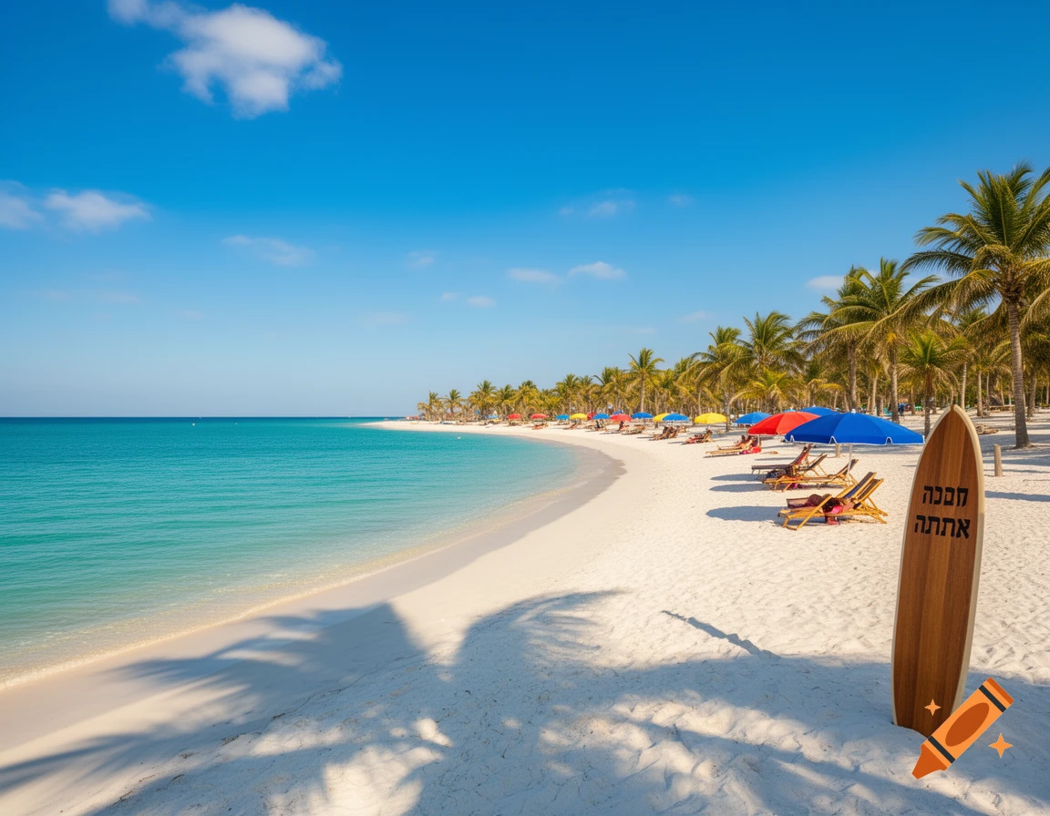 Photorealistic view of a tropical beach with white sand, turquoise water, palm trees, colorful umbrellas, lounge chairs, and a surfboard.