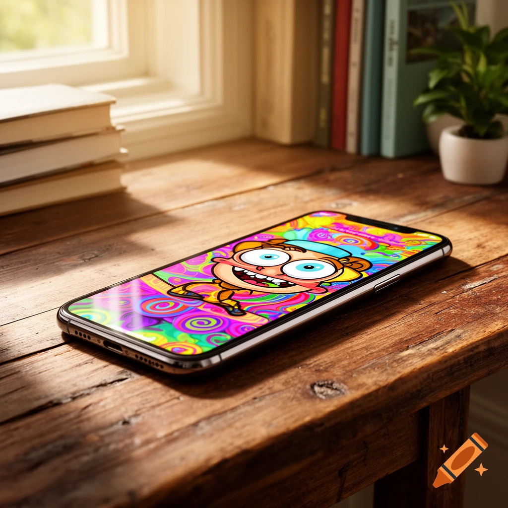 A smartphone lies on a wooden desk, displaying a vibrant, colorful cartoon character with wide eyes and a big smile. Books and a plant are in the background by a window.