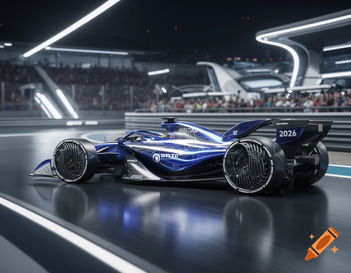 A futuristic blue Formula 1 race car with glowing details and unique wheels on a modern track under stadium lights.