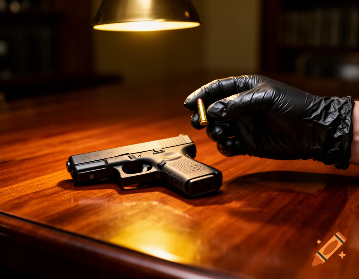 A black handgun and a brass bullet rest on a polished wooden table, while a black-gloved hand holds another bullet.