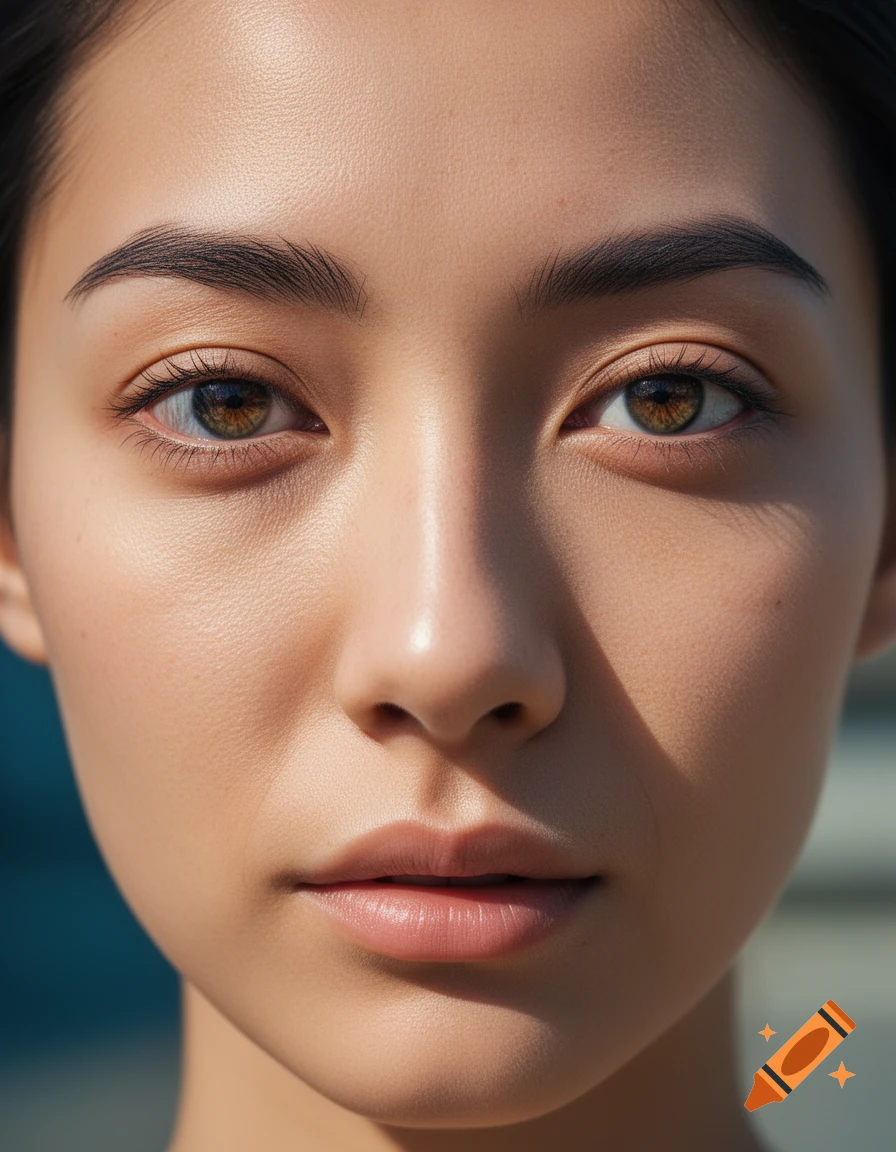 Close-up photorealistic portrait of a woman's face with brown eyes and smooth skin, looking directly ahead.