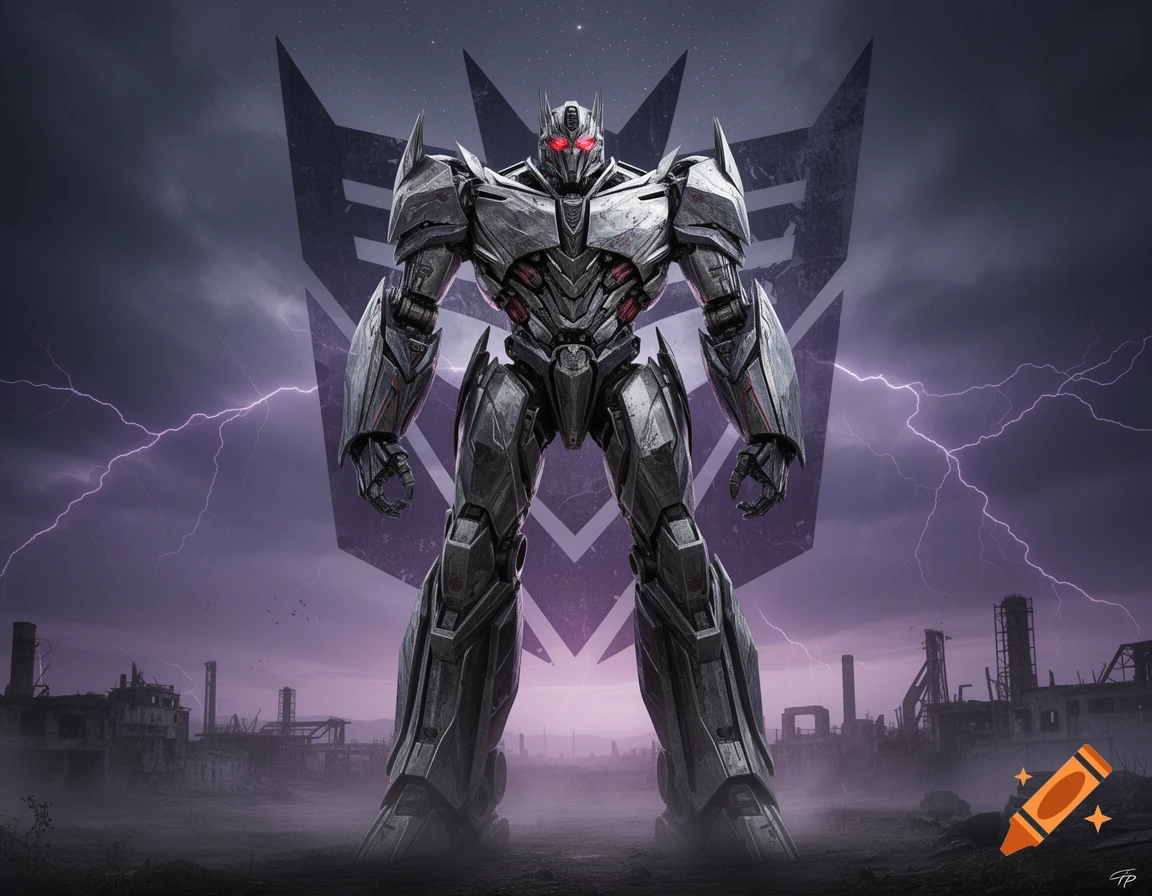 Photorealistic image of Megatron with glowing red eyes standing before a faded Decepticon logo, stormy purple sky, and lightning over a ruined city.