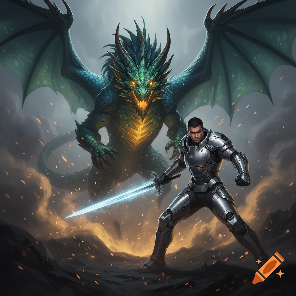 An armored man with a glowing sword confronts a large, green, horned dragon with glowing eyes and chest, amidst a smoky, fiery landscape.