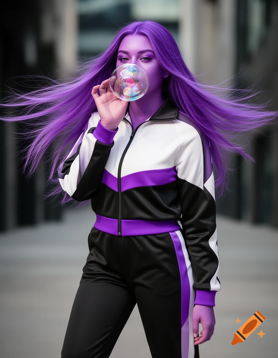 A woman with long purple hair and skin, wearing a purple, black, and white tracksuit, blows a bubble in a photorealistic street scene.