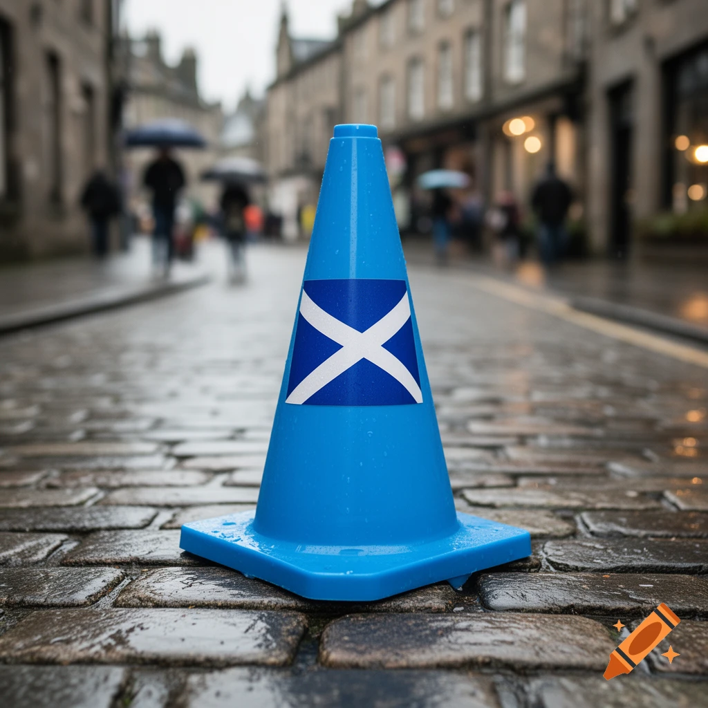 A blue traffic cone with the Scottish flag stands on a wet cobblestone street, with blurred figures and buildings in the background.