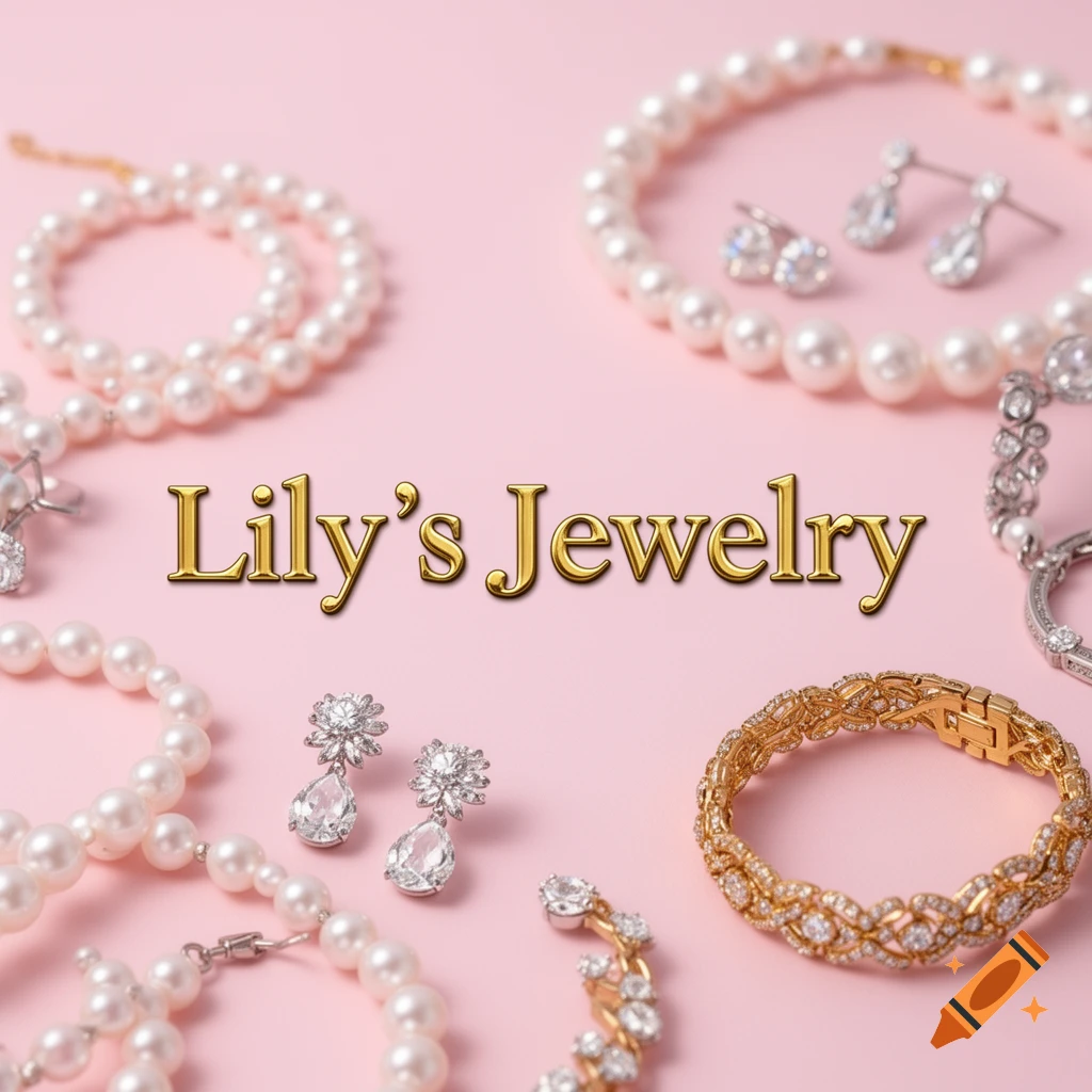 Overhead view of pearl necklaces, diamond earrings, and gold bracelets on a pink background, with 'Lily's Jewelry' in gold text.