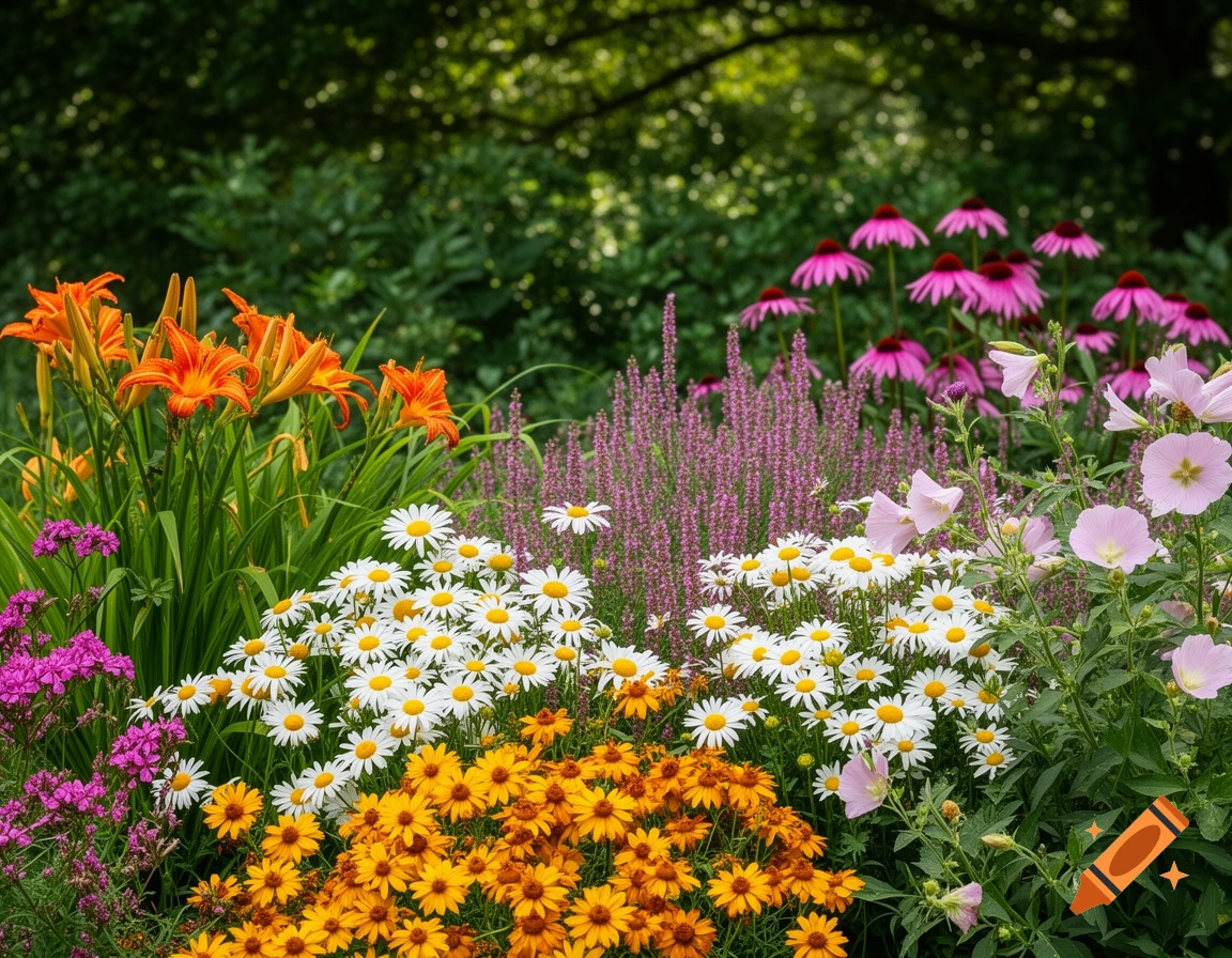 A vibrant flower garden with orange daylilies, white daisies, yellow coreopsis, pink coneflowers, and purple verbena.
