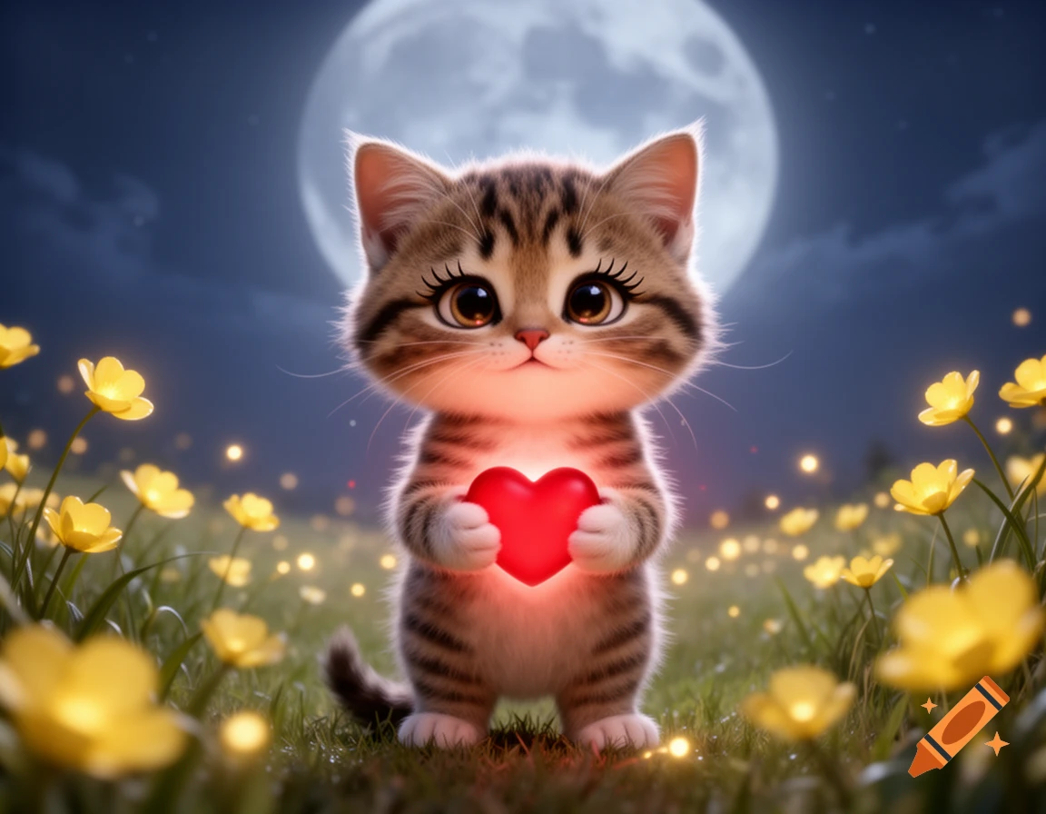 A cute fluffy tabby kitten with big eyes and long lashes holds a glowing red heart in a moonlit field with yellow flowers.