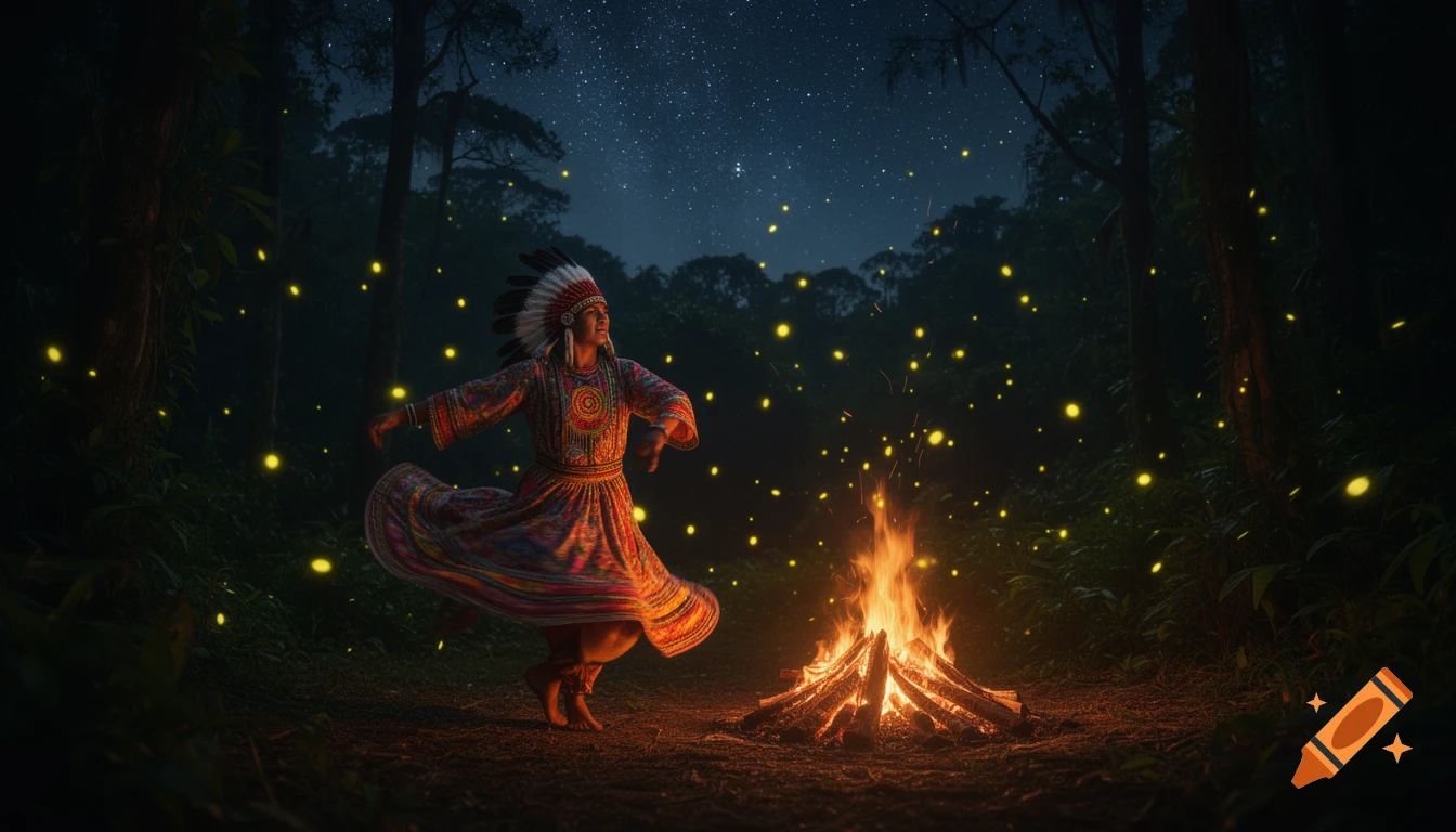 A person in a feathered headdress and colorful dress dances around a campfire at night in a forest with glowing fireflies.