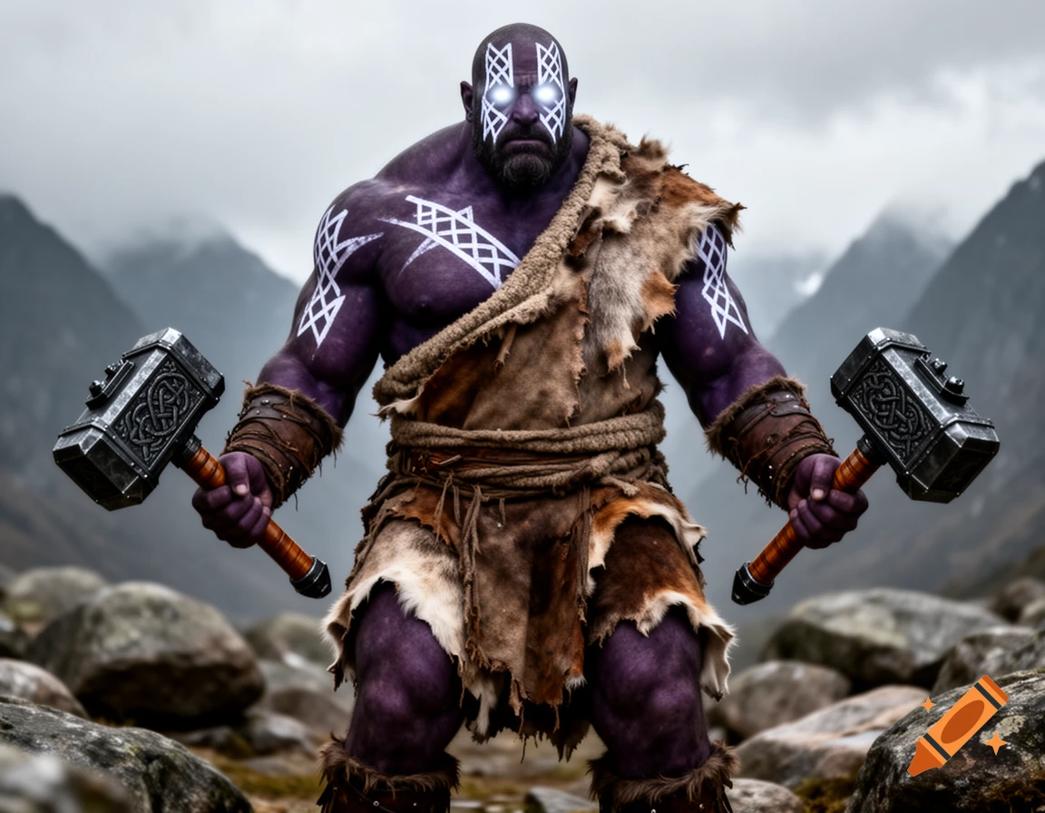 A photorealistic purple-skinned goliath warrior with glowing eyes and war paint, holding two large hammers in a rocky mountain landscape.