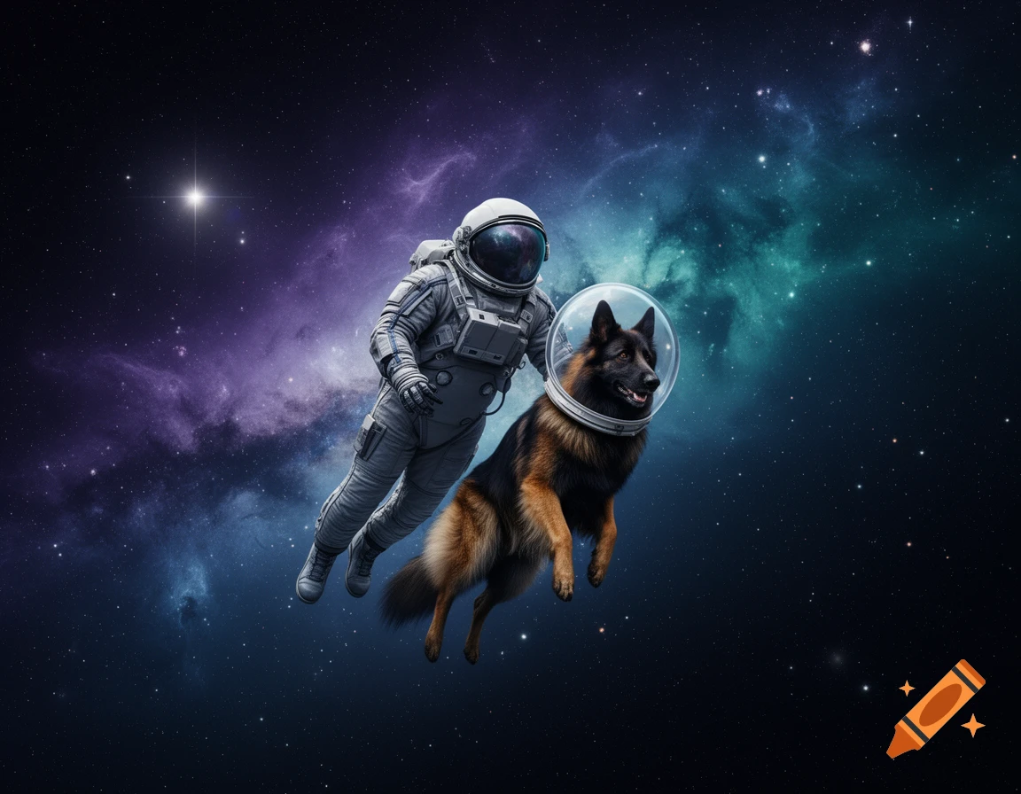 An astronaut and a German Shepherd dog in a space helmet float through a colorful nebula in deep space.