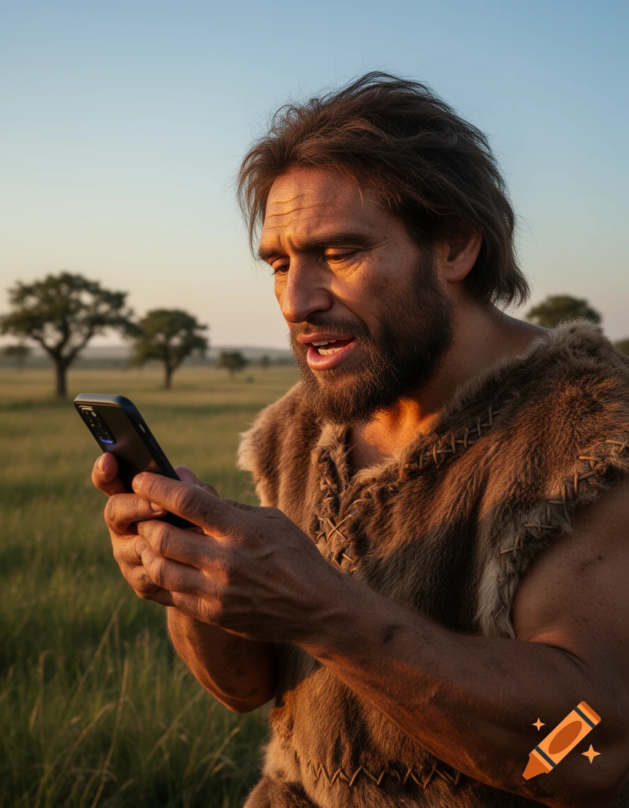 A photorealistic Neanderthal man in a fur tunic intently examines a modern smartphone in a grassy field at sunset.