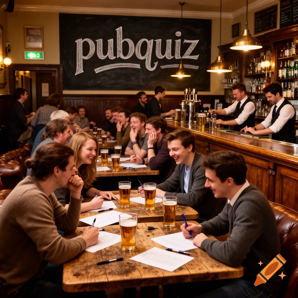 A group of people happily participate in a pub quiz at wooden tables in a lively, cozy pub, with bartenders behind the bar.