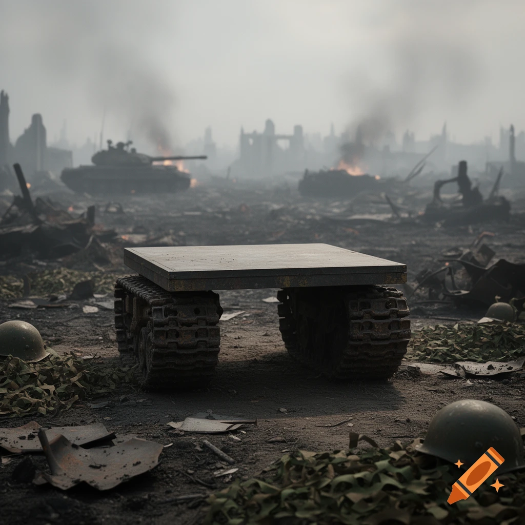 A square platform on two tank tracks sits in a smoky, destroyed battlefield with ruins and a tank in the distance.