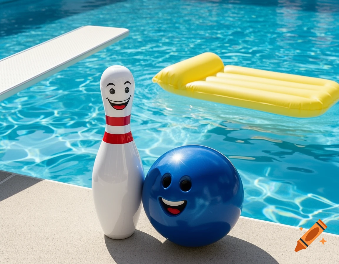 A smiling bowling pin and blue bowling ball sit on the edge of a bright blue swimming pool with a diving board and yellow inflatable.